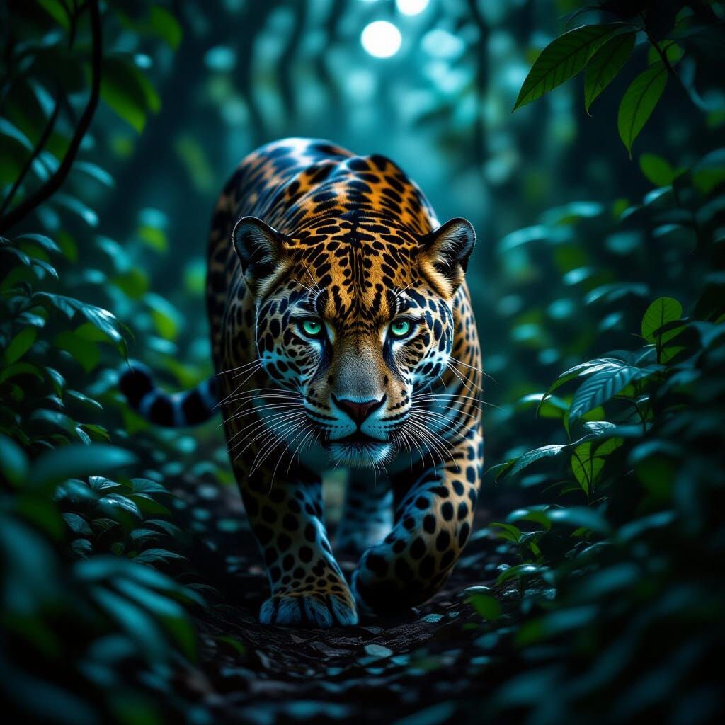 Jaguar Prowling Rainforest at Night in Ethereal Moonlight