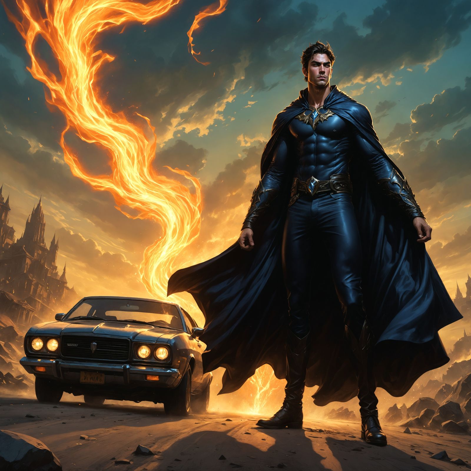 Muscular Hero Holding Car, Comic Book Style