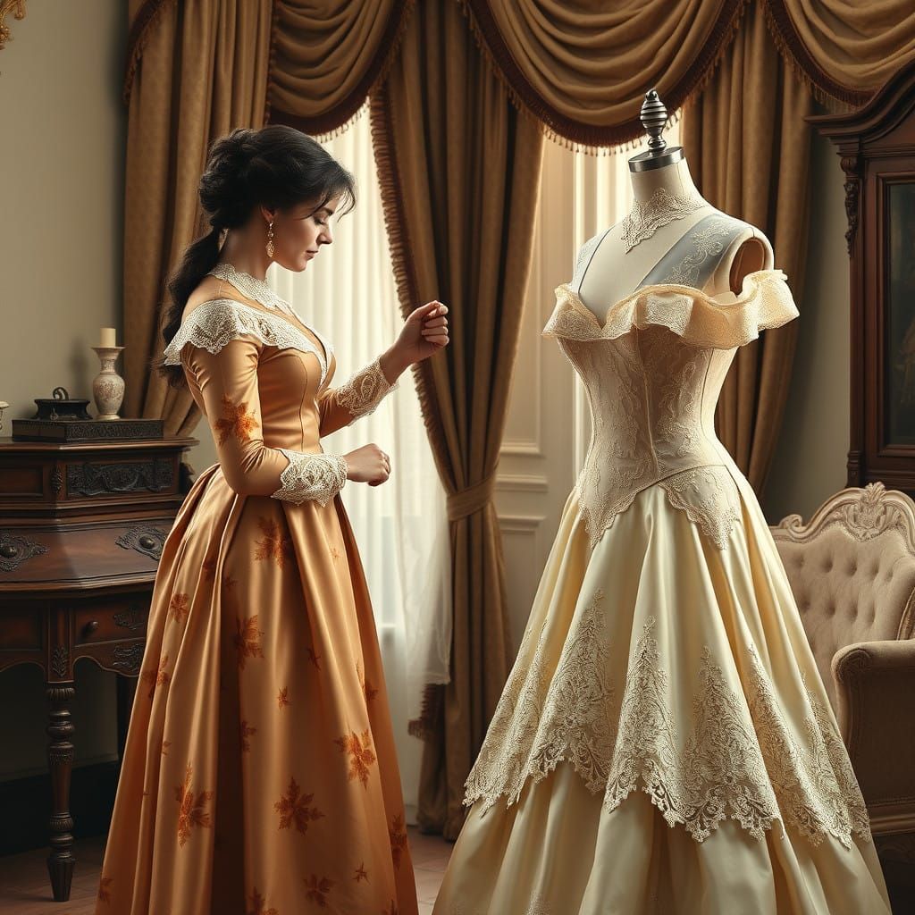 Ethereal Victorian Seamstress Crafts Ball Gown in Golden Lig...