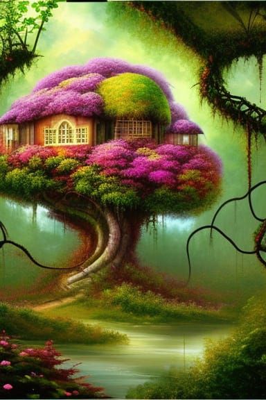 Whimsical Futuristic Treehouse Digital Matte Painting