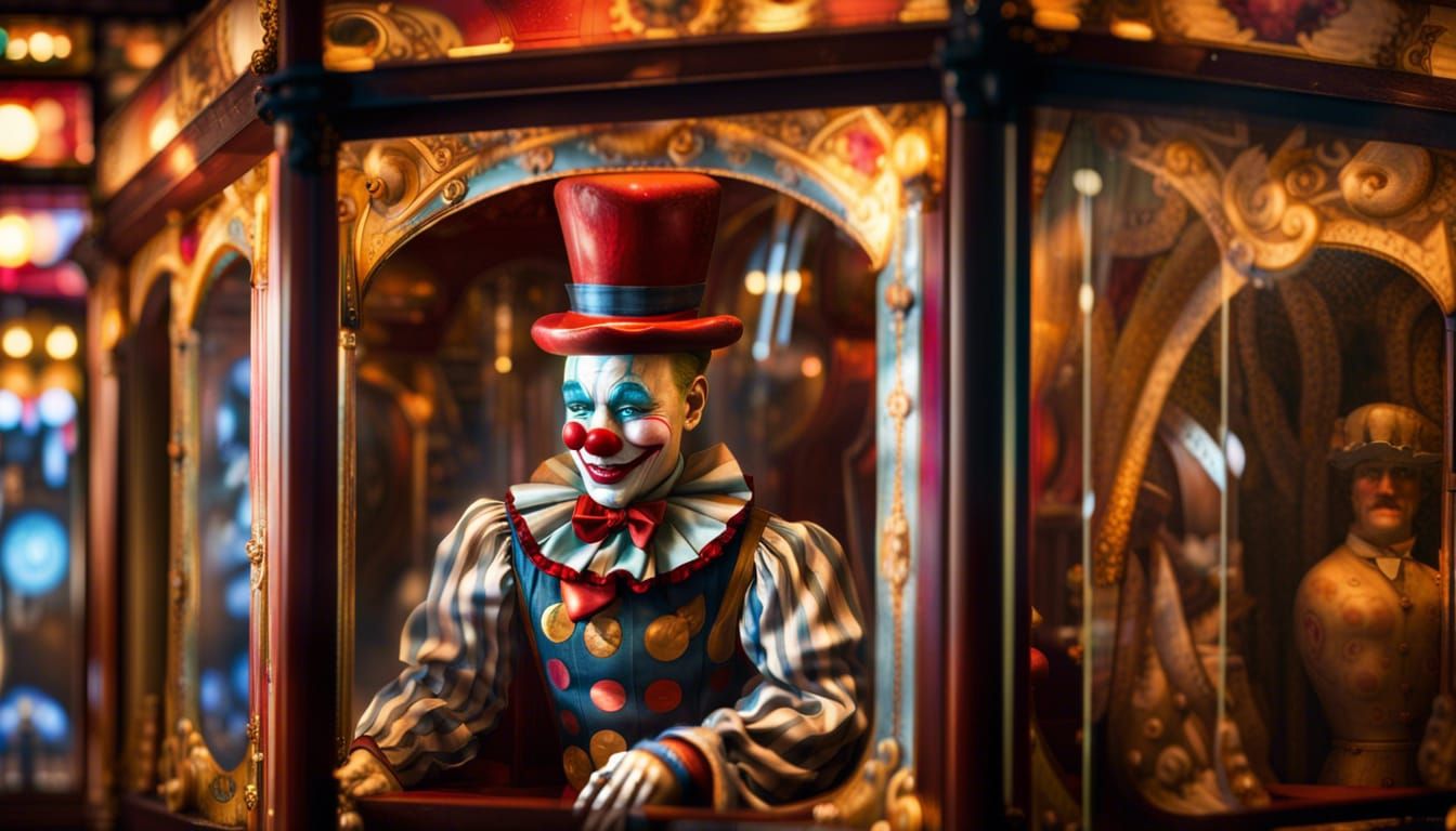A mechanical clown autonomaton at a Victorian amusement arcade