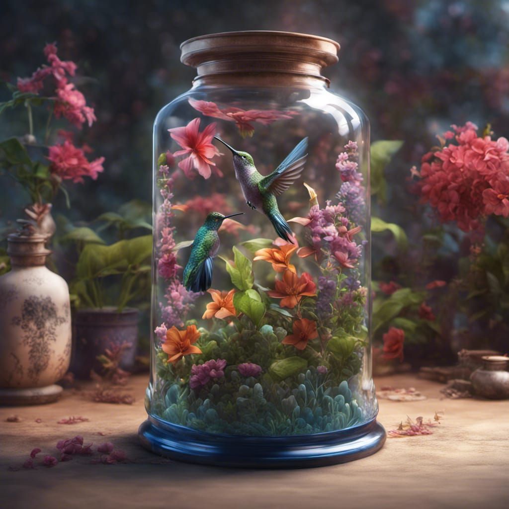 Hummingbird and Terrarium in Flower Garden Setting