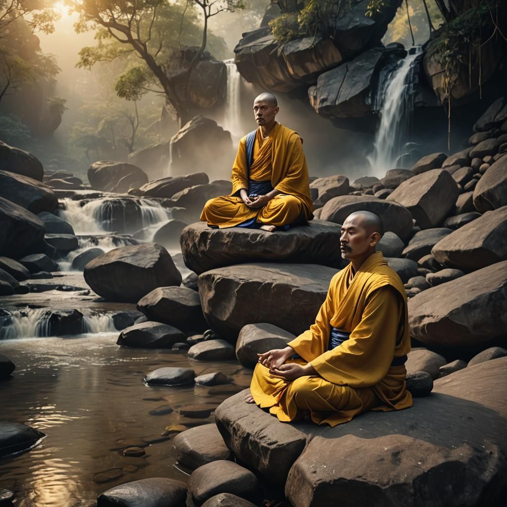 Serene Thai Monk Meditating in Golden Light