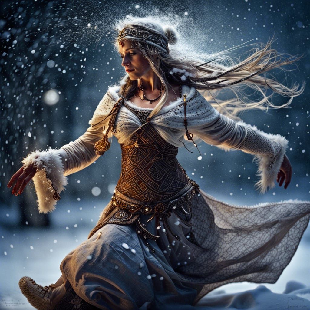 Viking Priestess Dancing in Snowy Magic Night