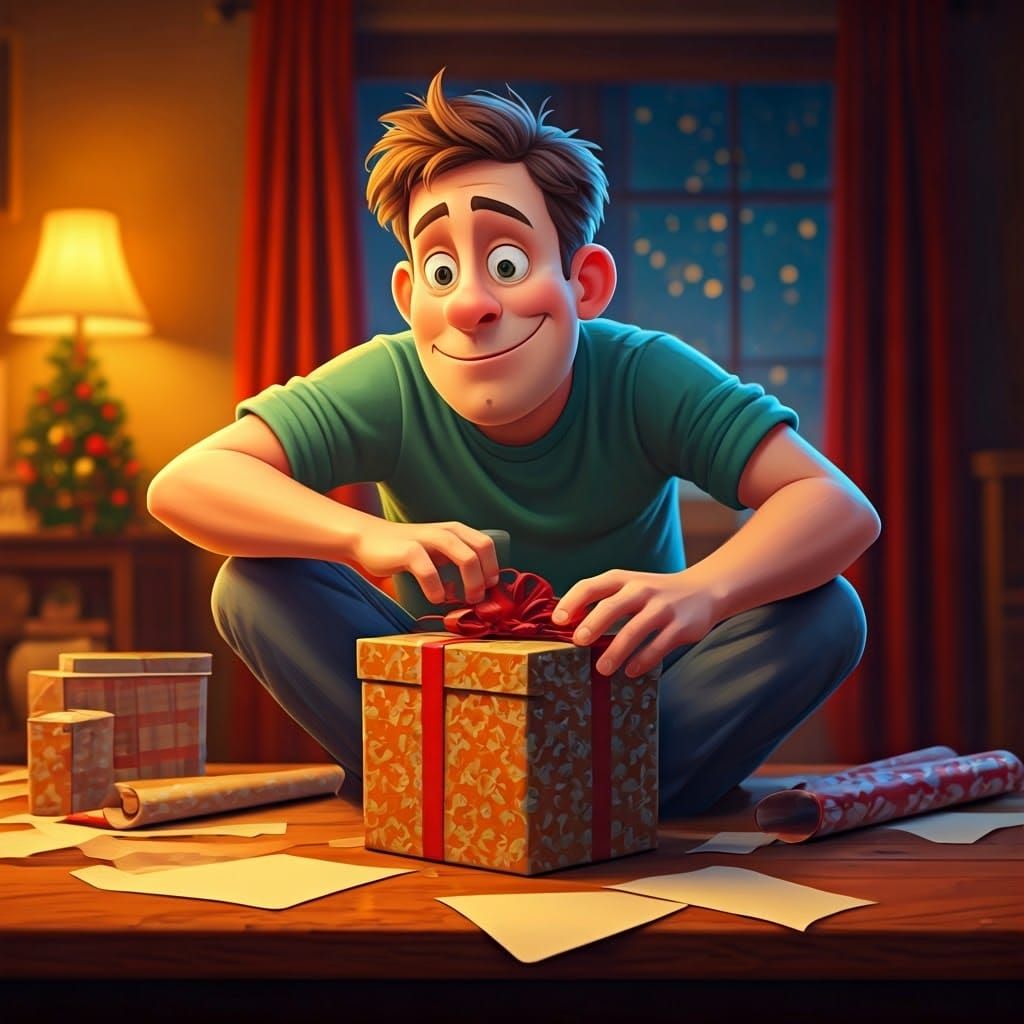 Faithful Gift Wrapping Fiasco in Whimsical Pixar Style