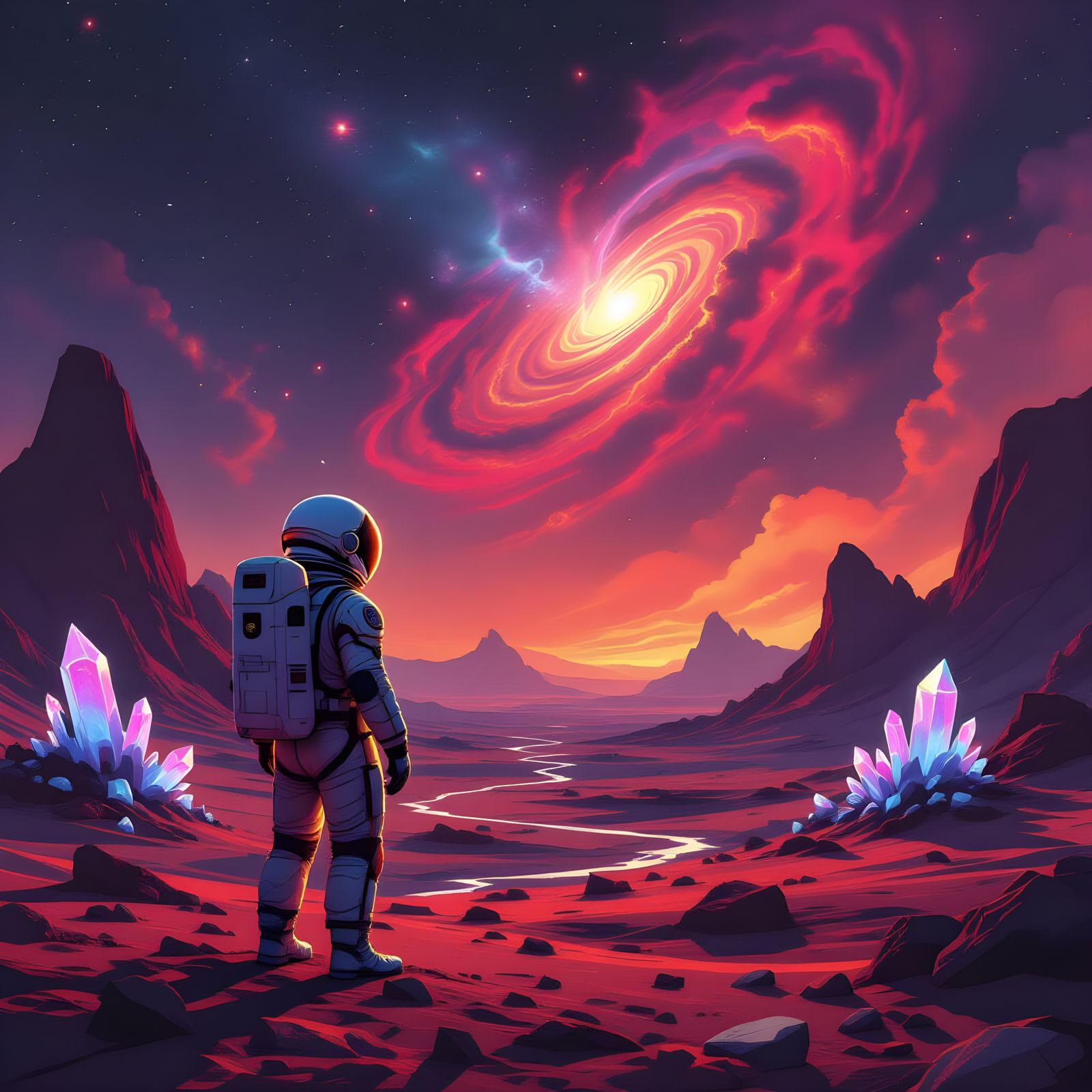 Astronaut Explores Alien World Under Swirling Nebula