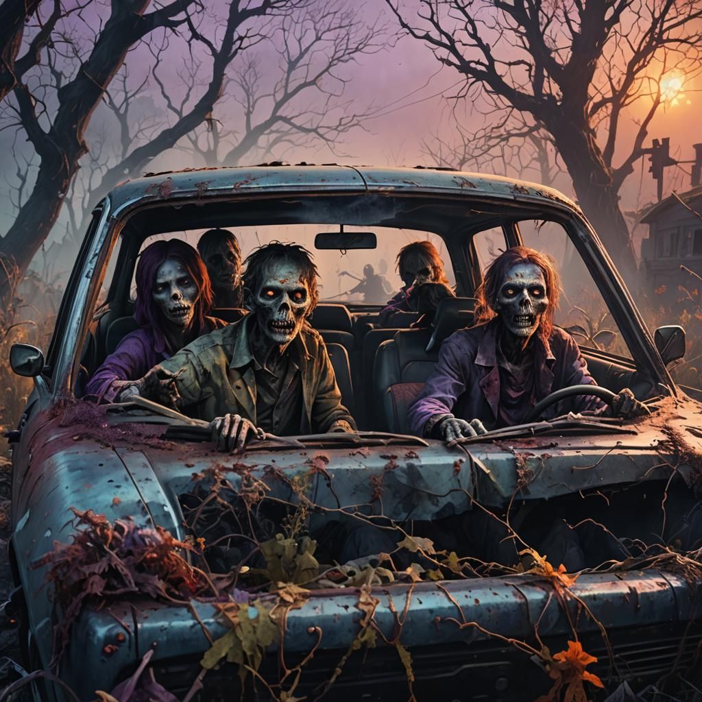 Creepy Zombies in Car Wreck: Dark Fantasy Concept Art