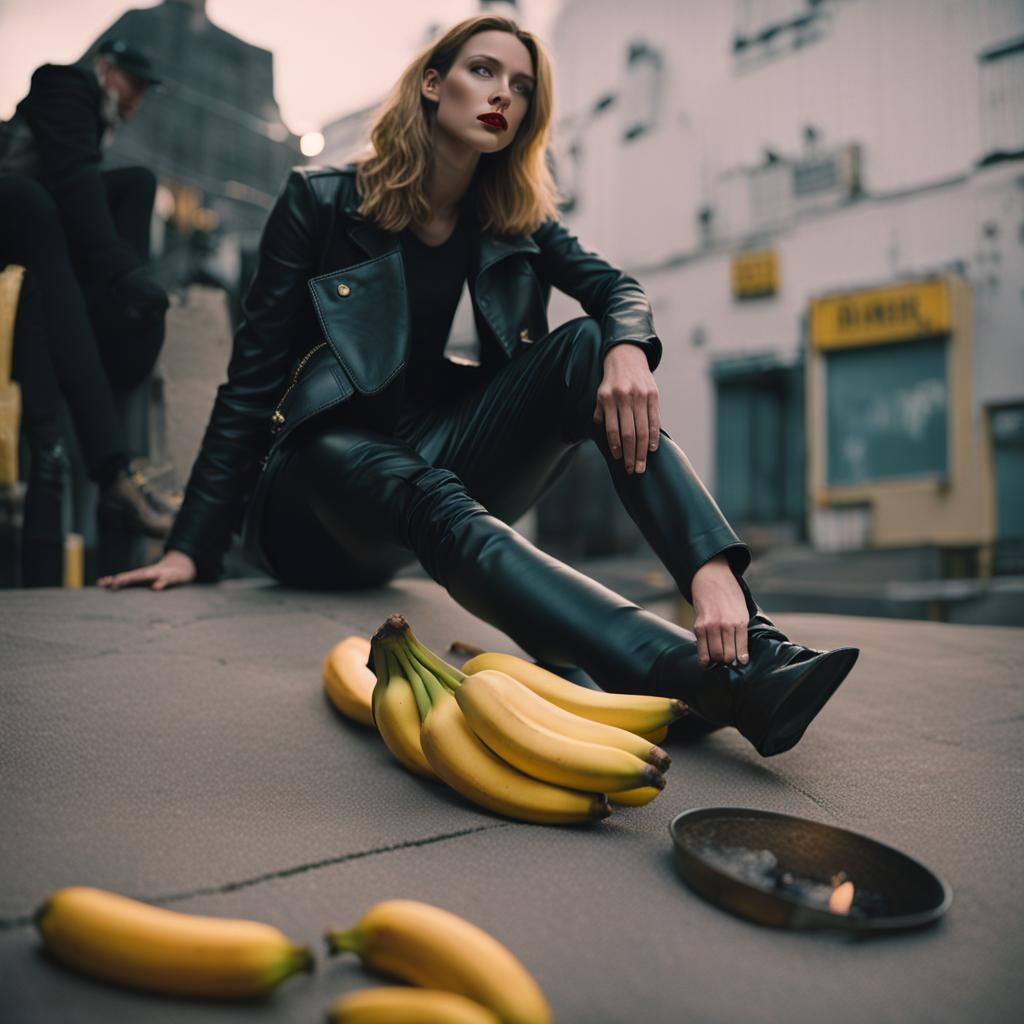 Elegant Woman Savoring a Banana in Moody Cinematic Style