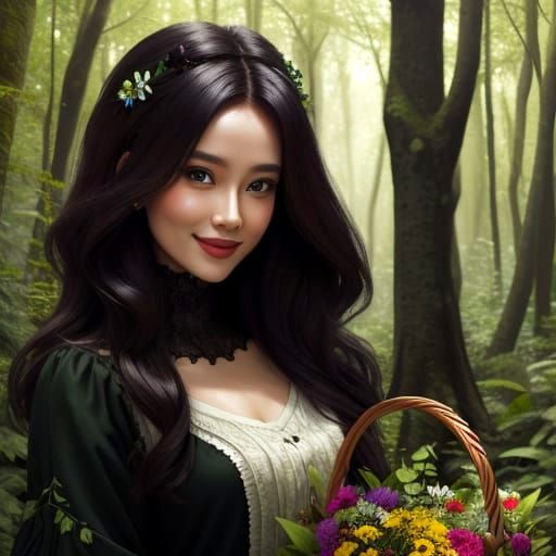 Woman with Flowers in Forest: Hyperrealistic Photo