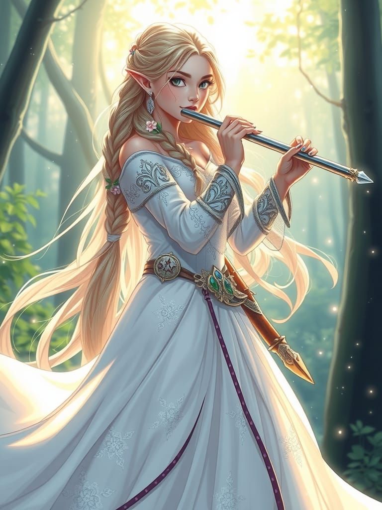 Elegant Elf Playing Flute in Moonlit Glade