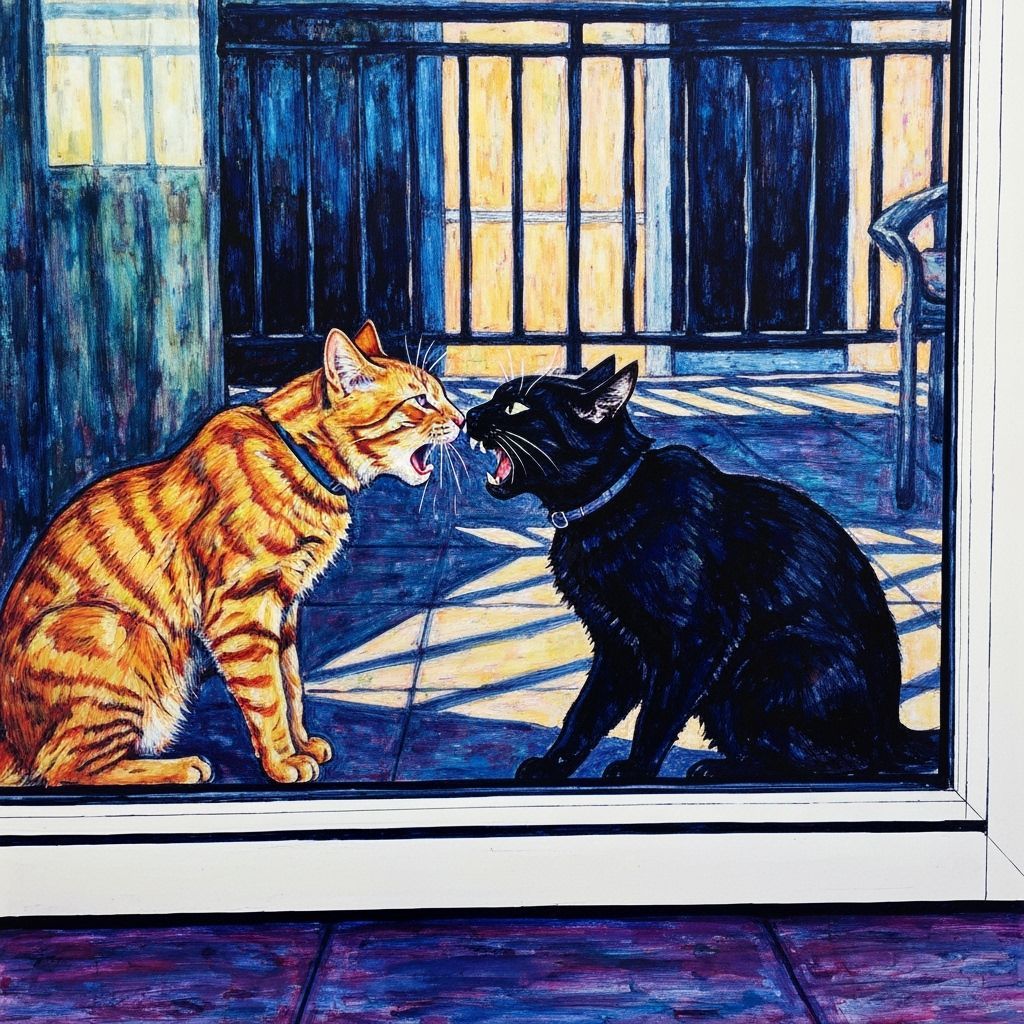 Tense Cat Confrontation at Patio Door in Expressive Ink Styl...