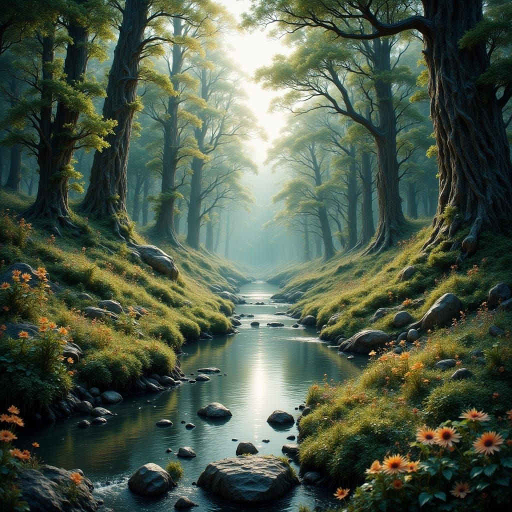 Enchanted Forest Stream Bank in 3D Game Cinematic Style