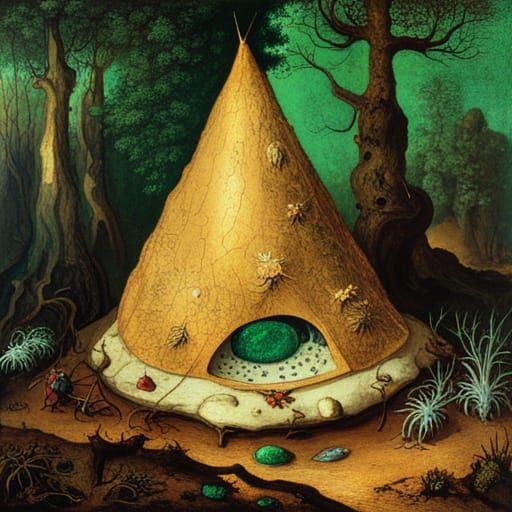 Emerald Fantasy Realm with Golden Ants and Fiery Fish