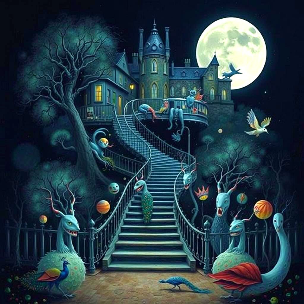 Surreal Dreamscape with Moon Beasts in Mixed Media