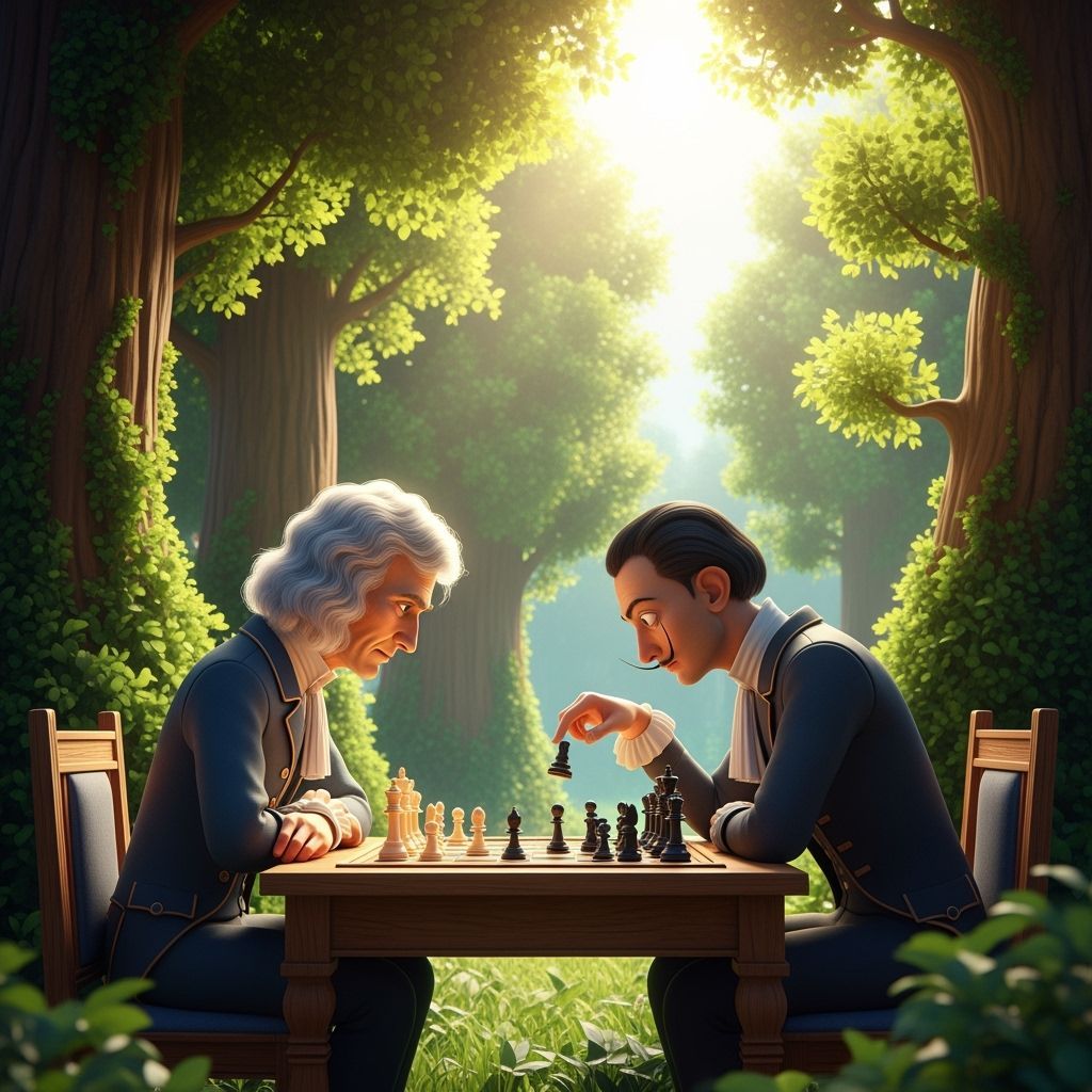 Newton and Dali Play Chess in Pixar Style