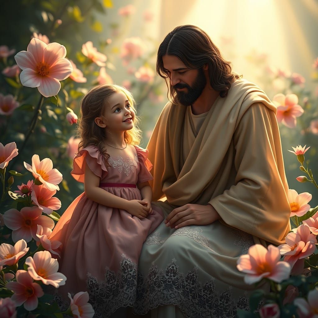 Jesus in Serene Garden with Little Girl and Glowing Flowers
