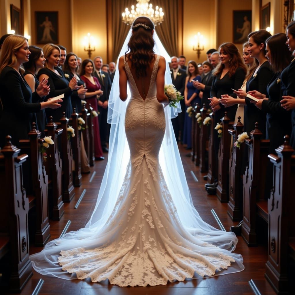 Bride's Luminescent Train Gracefully Follows Down Aisle