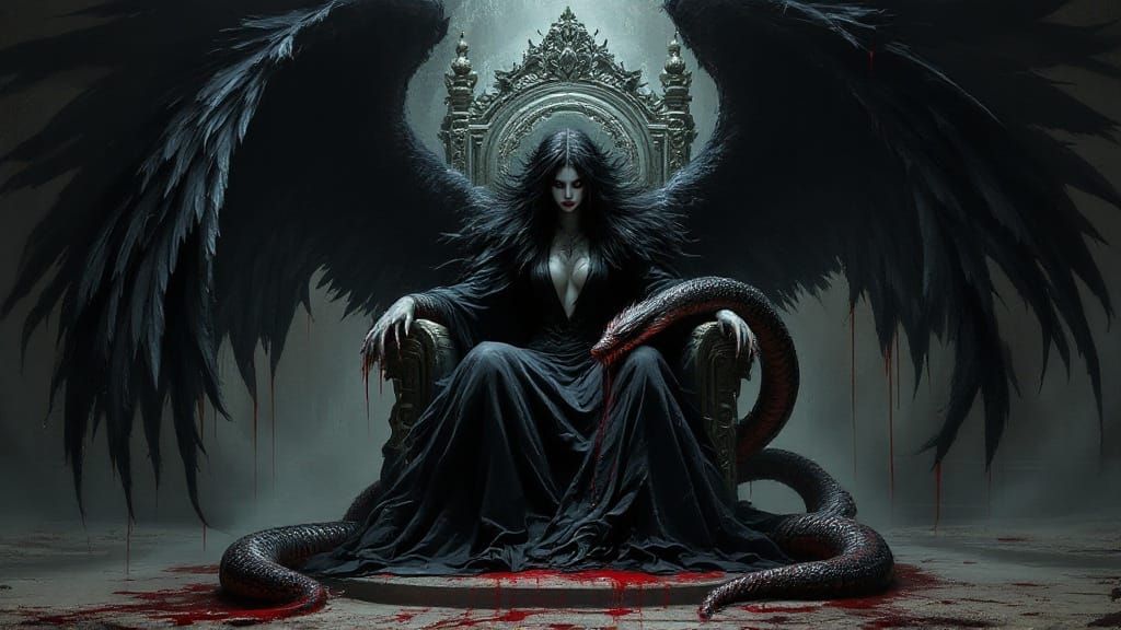 Dark Fantasy Angel Reigns in Shadowy Throne Room