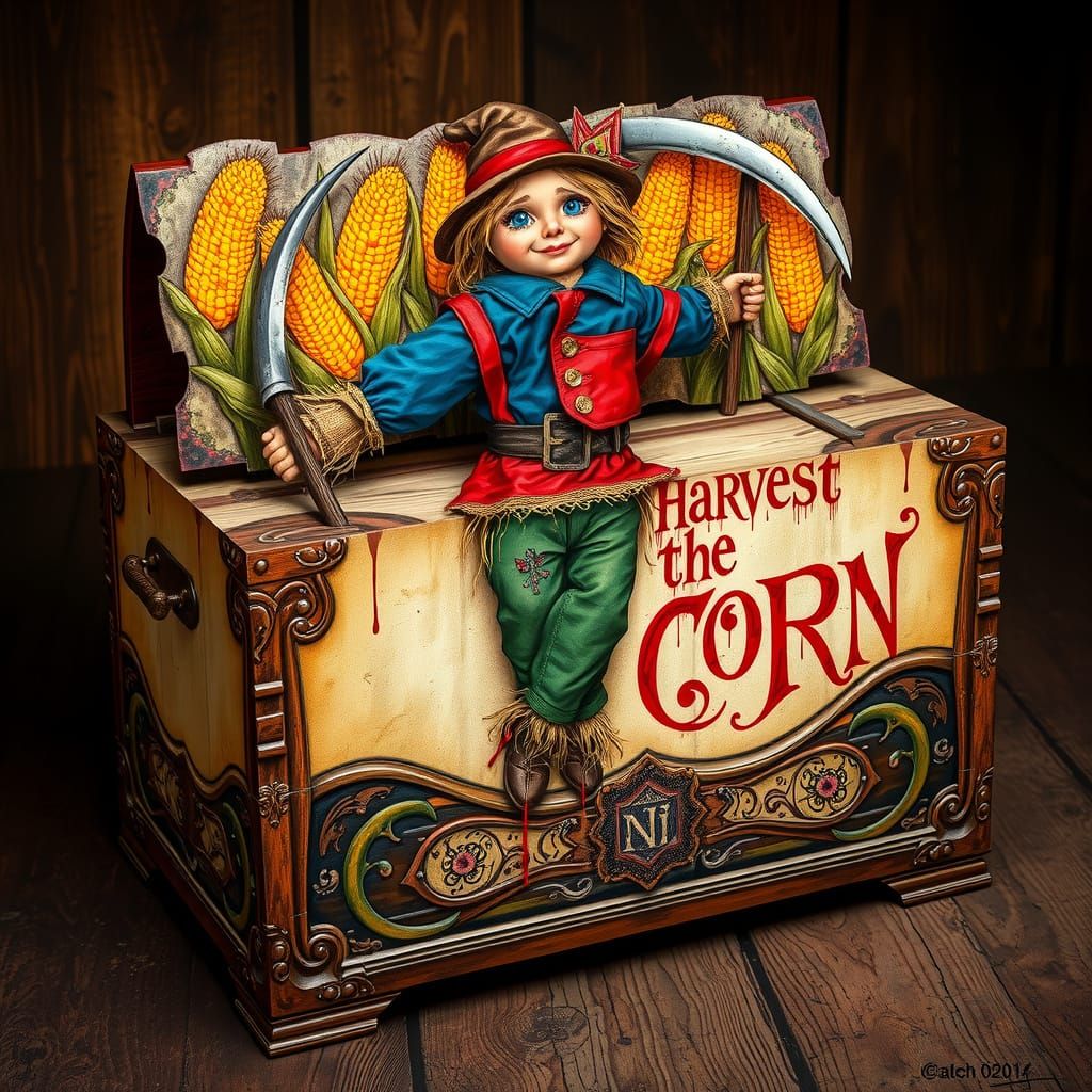 Rustic Toy Box with Scarecrow and Golden Corn Illustrations