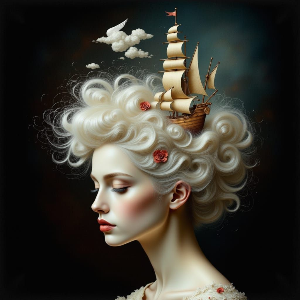 Surreal Woman with Ship in Hair, Rococo Style