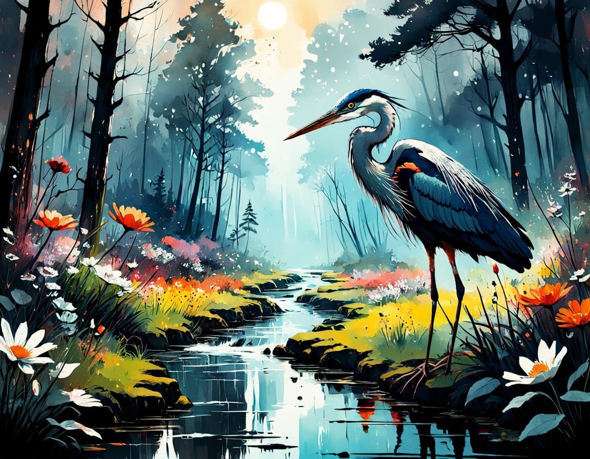 Tranquil Country Garden with Heron: Watercolor Fine Art