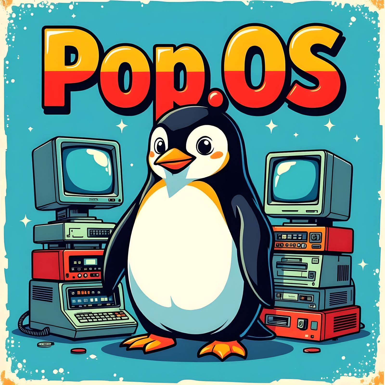 Retro Penguin with Vintage Computer Accessories