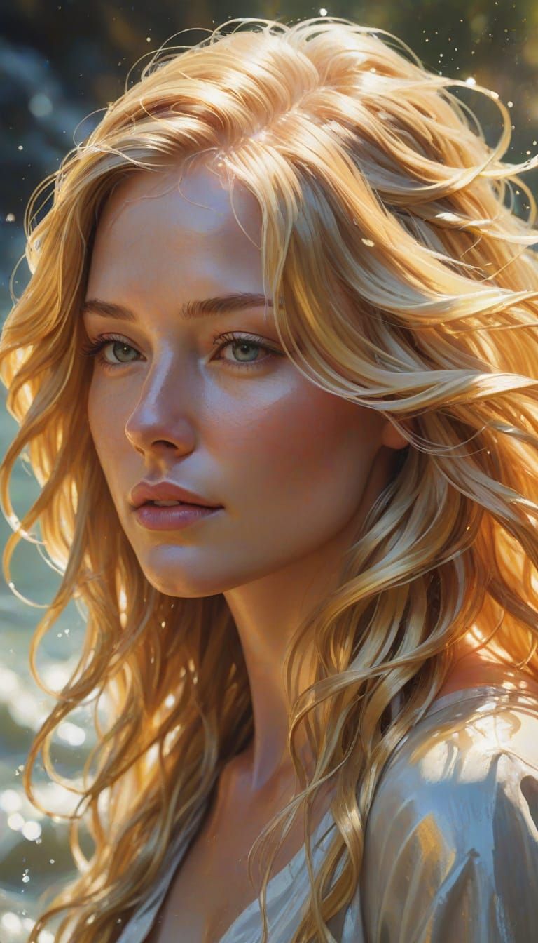 Serene Oil Painting of a Young Woman's Flowing Golden Hair