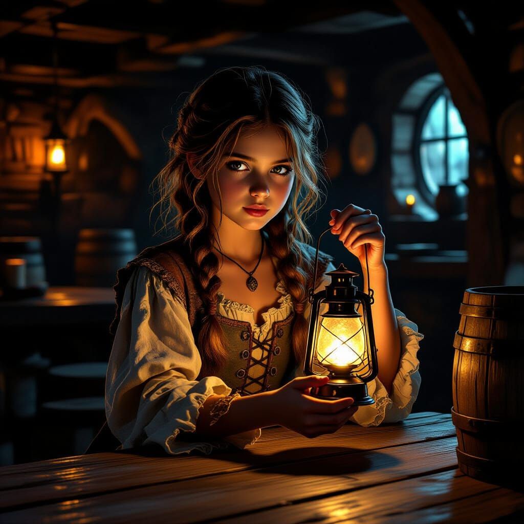 Young Girl with Lantern in Pirate Tavern