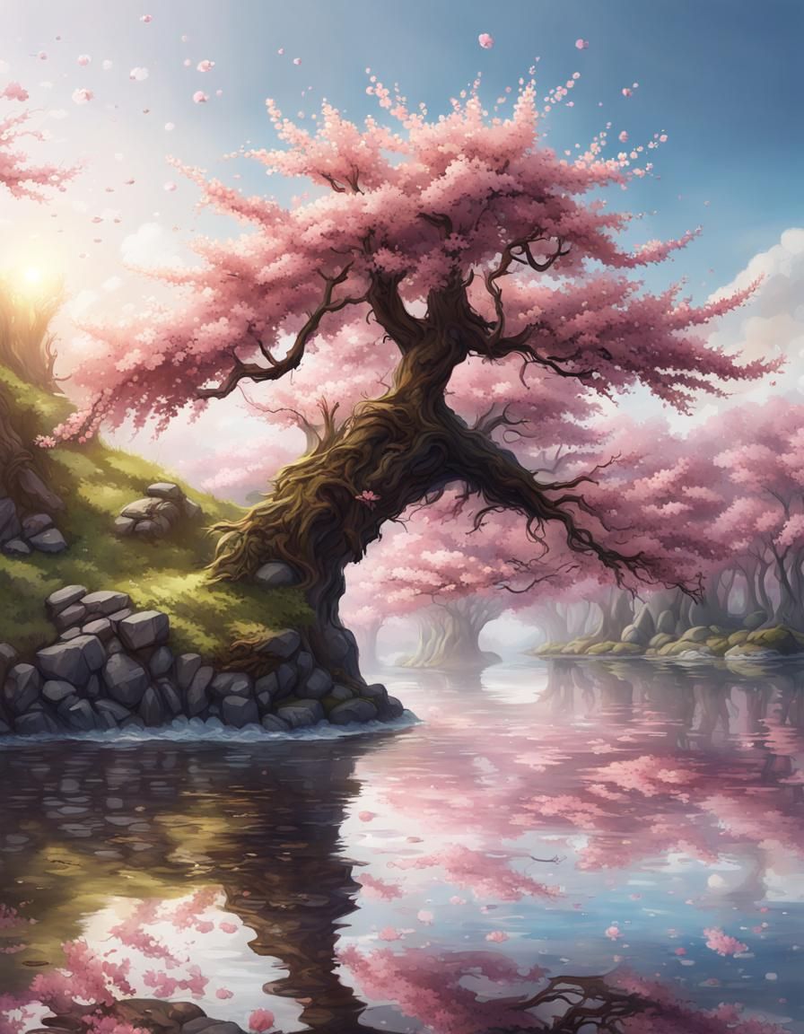 Cherry Blossoms at Water's Edge: Watercolor Painting