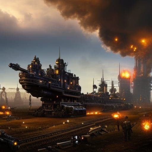 Steampunk Airship Fleet Bombing Iron Fortress