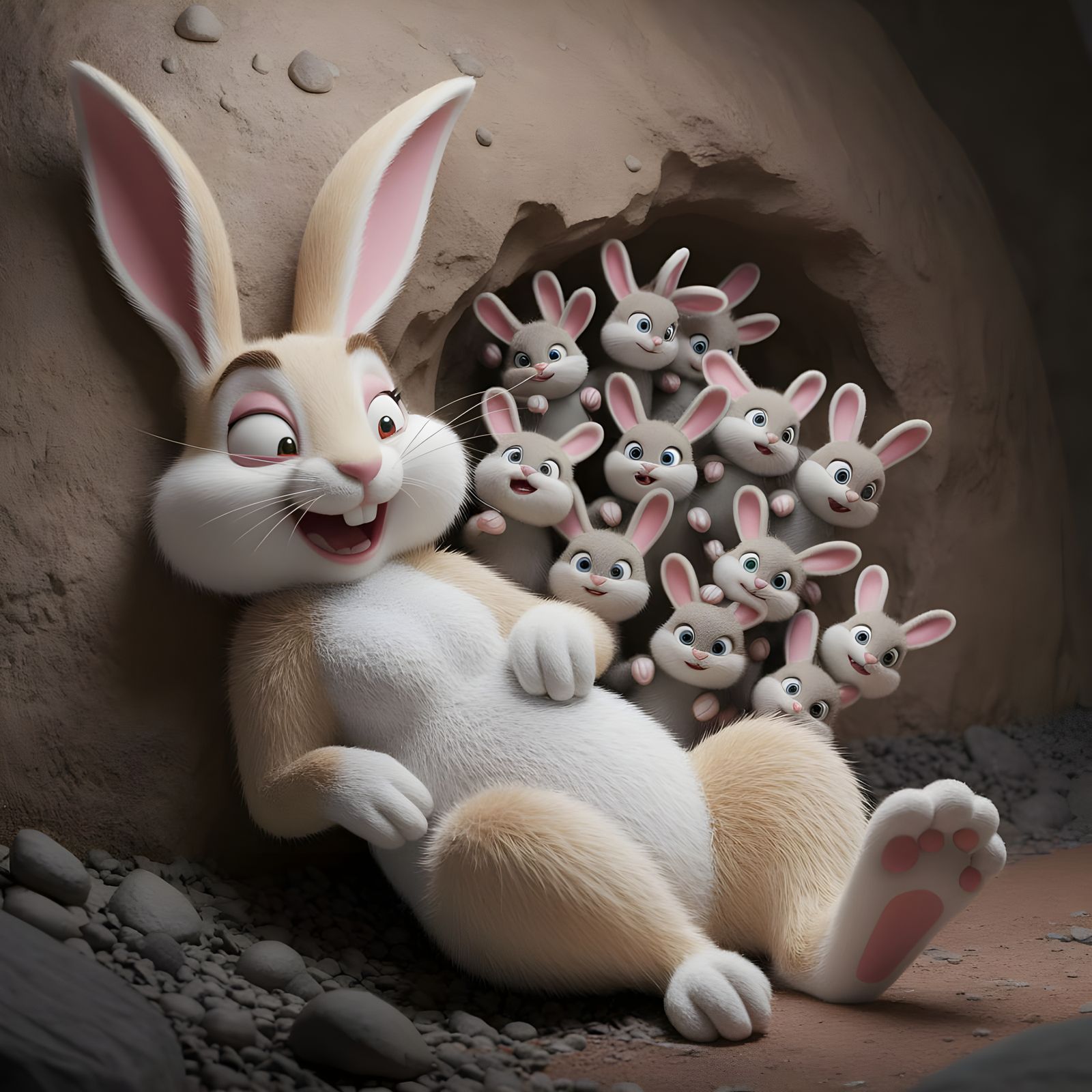 Overwhelmed Mother Rabbit with Playful Baby Bunnies