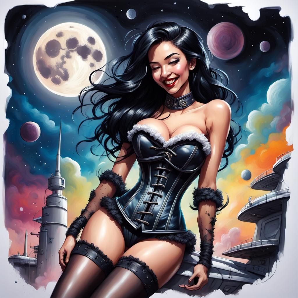 Laughing Woman on Spaceship in Graffiti Art Style