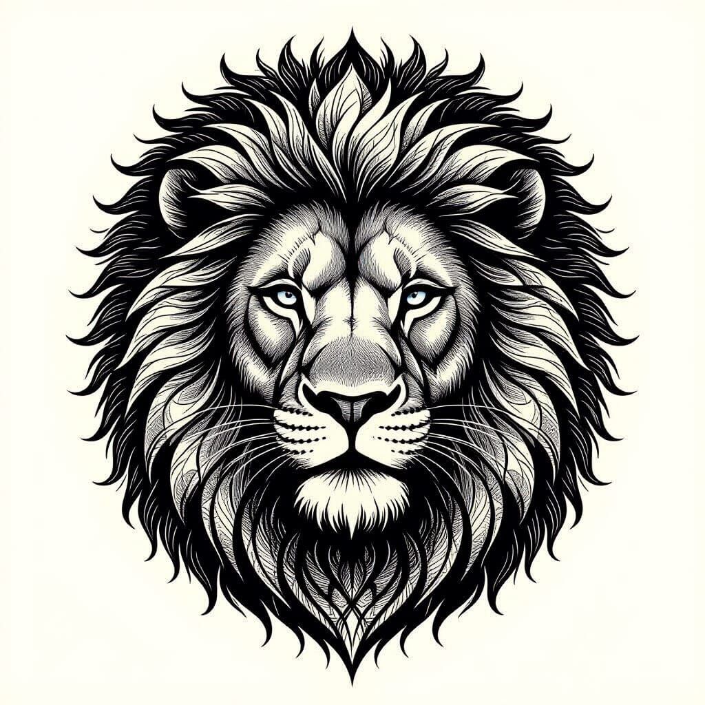Realistic Lion Face Tattoo with Sun Mane