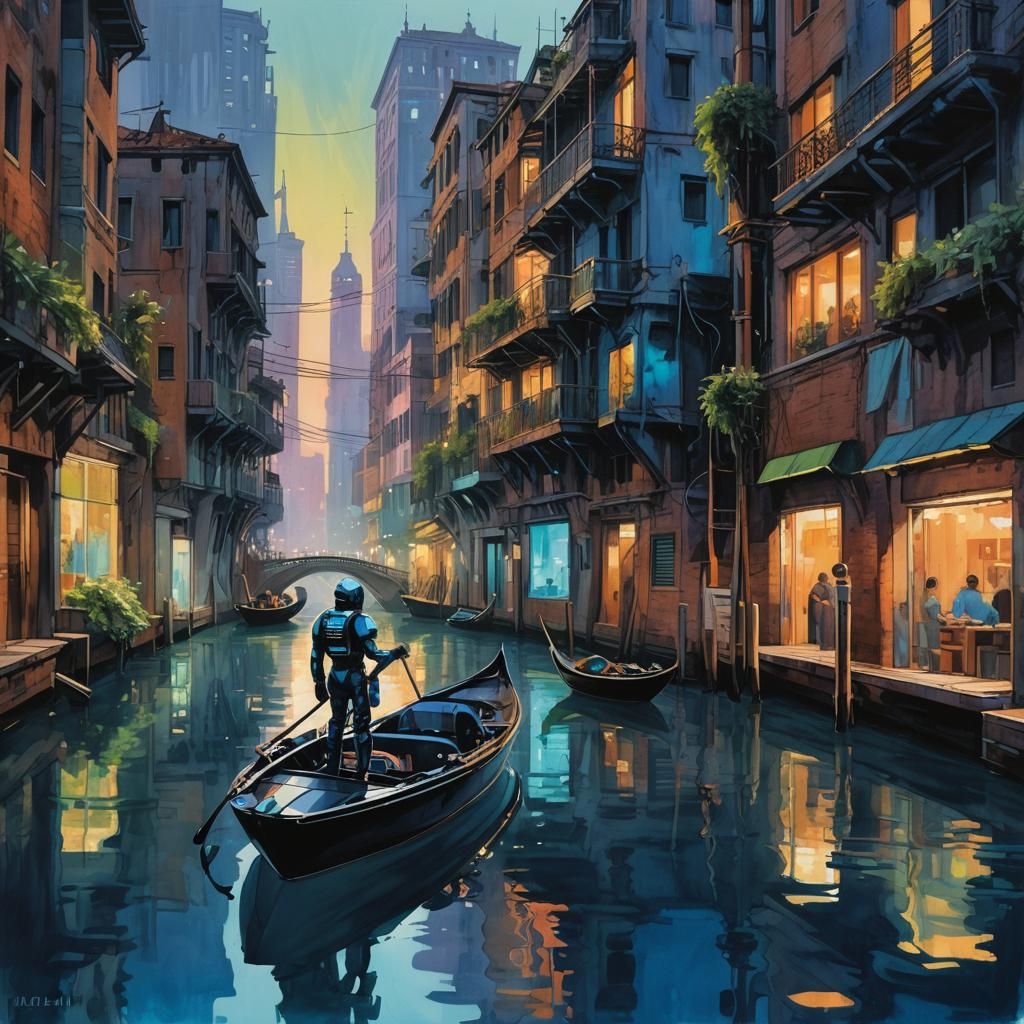 Futuristic Venice Canal Scene in Watercolor Style