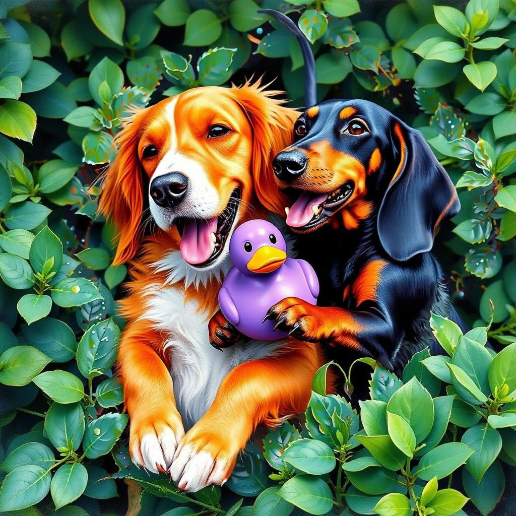 Playful Canine Friends in Whimsical Garden Scene