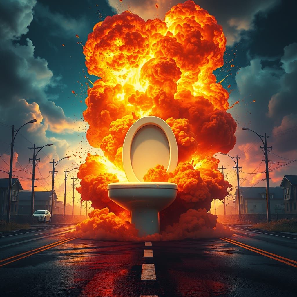 Hyperrealistic Toilet Explosion on Road, Splash Art