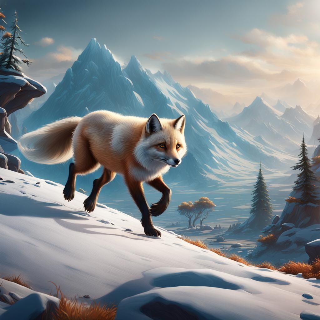 Arctic Fox Running: Detailed Fantasy Concept Art