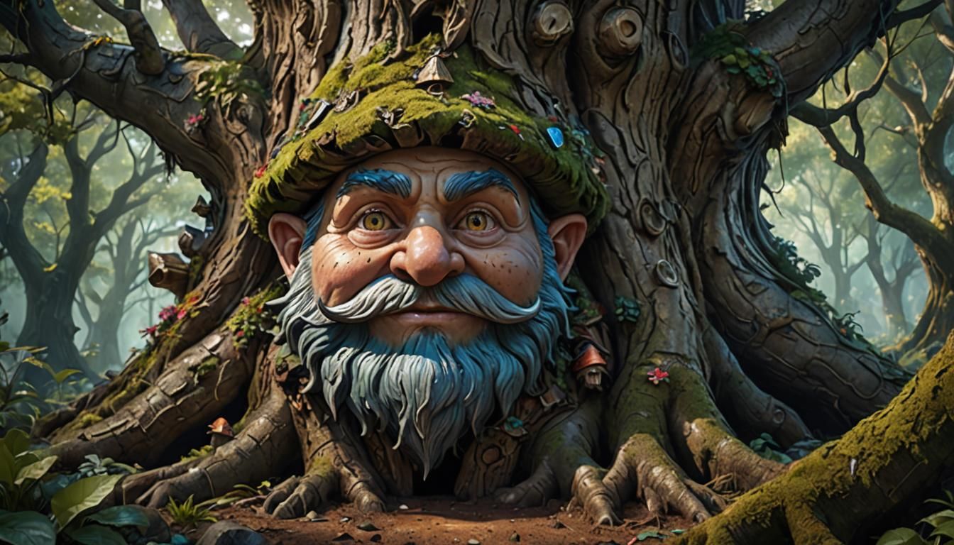 Gnome Face in Tree Bark, Fantasy Concept Art