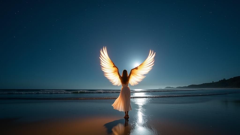 Dreamlike Beach: Light-Painted Angel Wings at Night