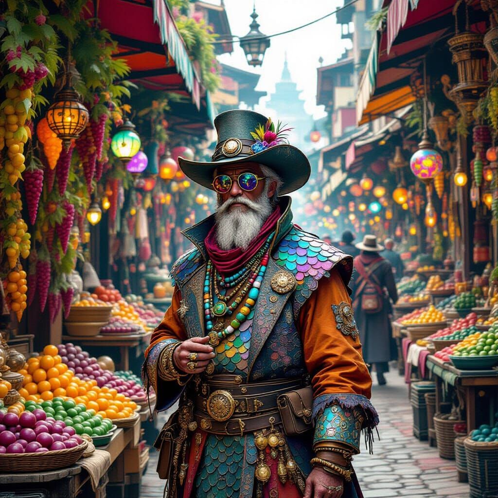 Alien Merchant in Bustling Market, Matte Painting Style