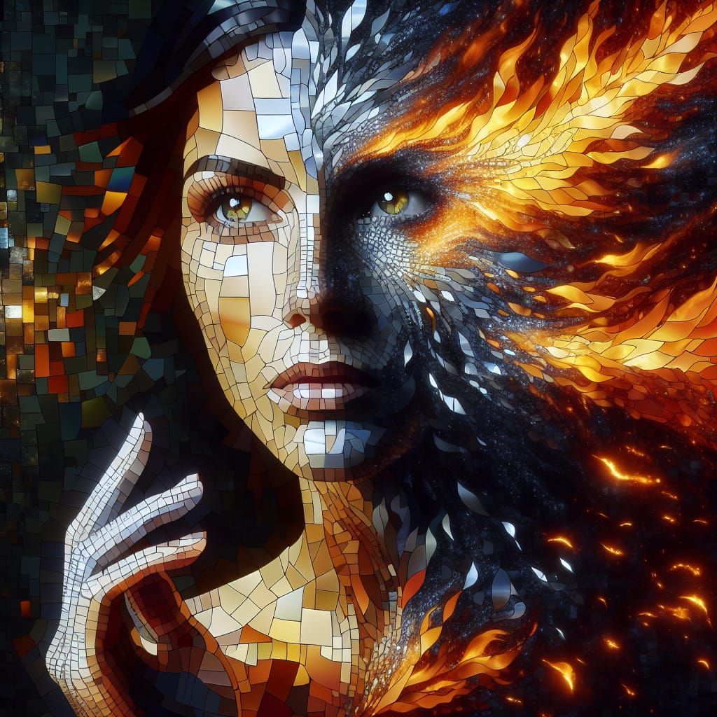 Phoenix Woman: Rebirth in Mosaic Style