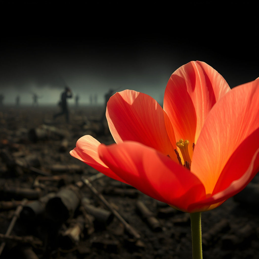 Flower Blooms Amidst Battlefield Remains