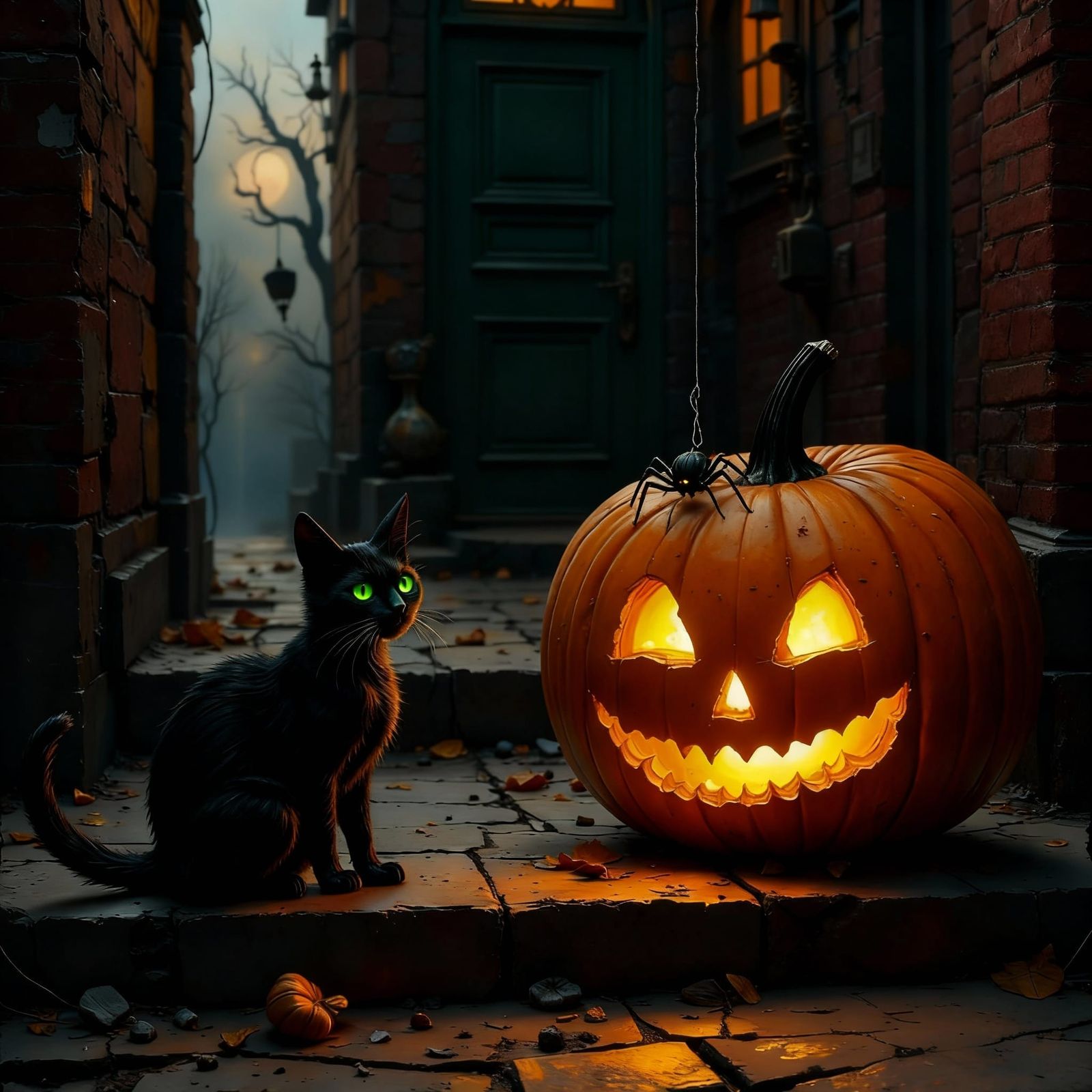Victorian Halloween Night: Jack-o'-Lantern and Black Cat