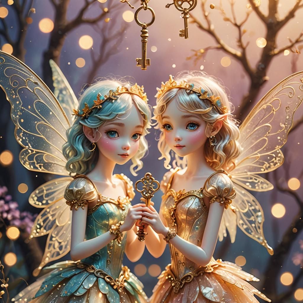 Fairies Hold Golden Key in Vaporwave Fantasy