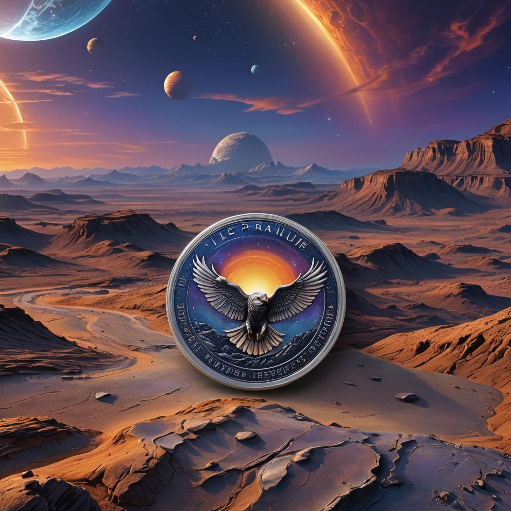 Platinum Eagle Coin Soaring Above Alien Horizon