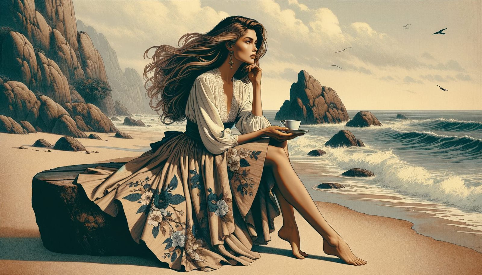 Elegant Woman on Beach in Ukiyo-e Style