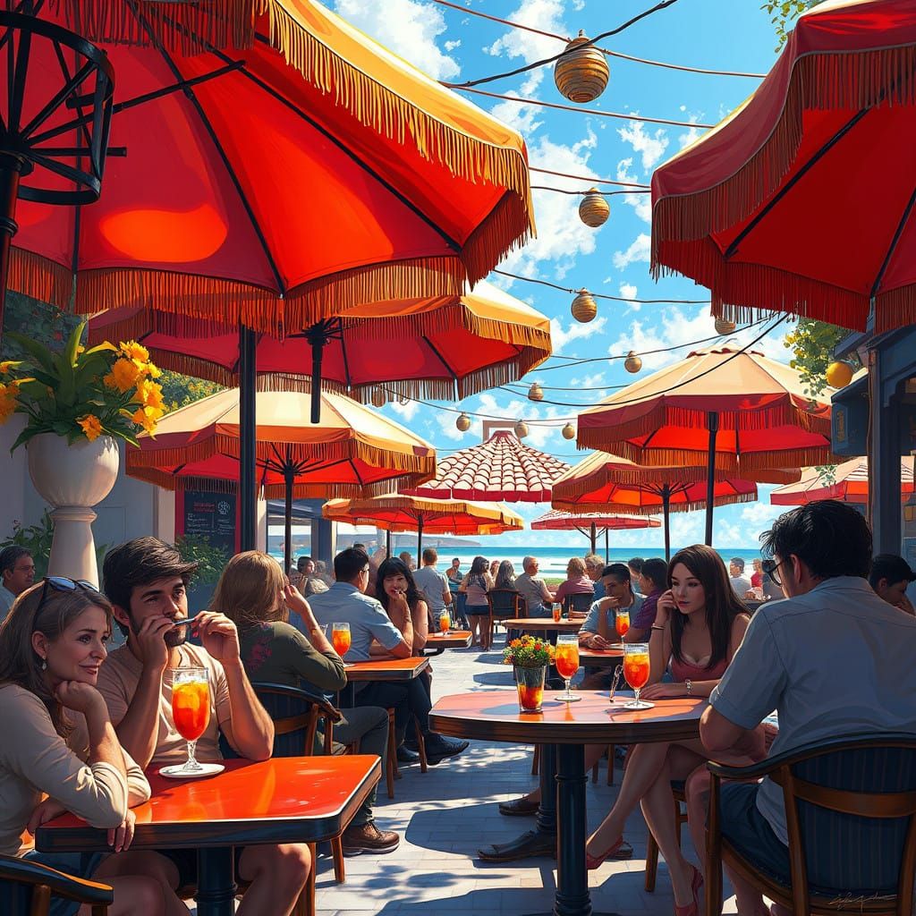 Surreal Umbrella Café Scene in Hyperrealistic Style