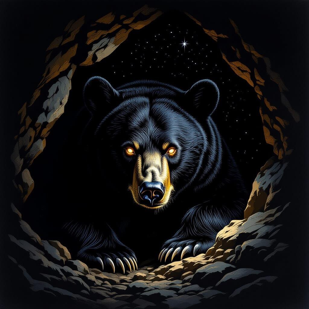 Black Bear in Dark Cave with Glowing Eyes