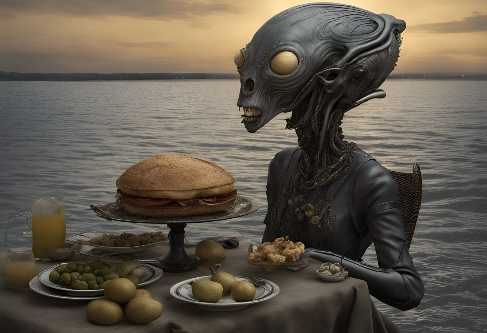 Dreamlike Alien Feast in Bizarre Hyperrealistic Style