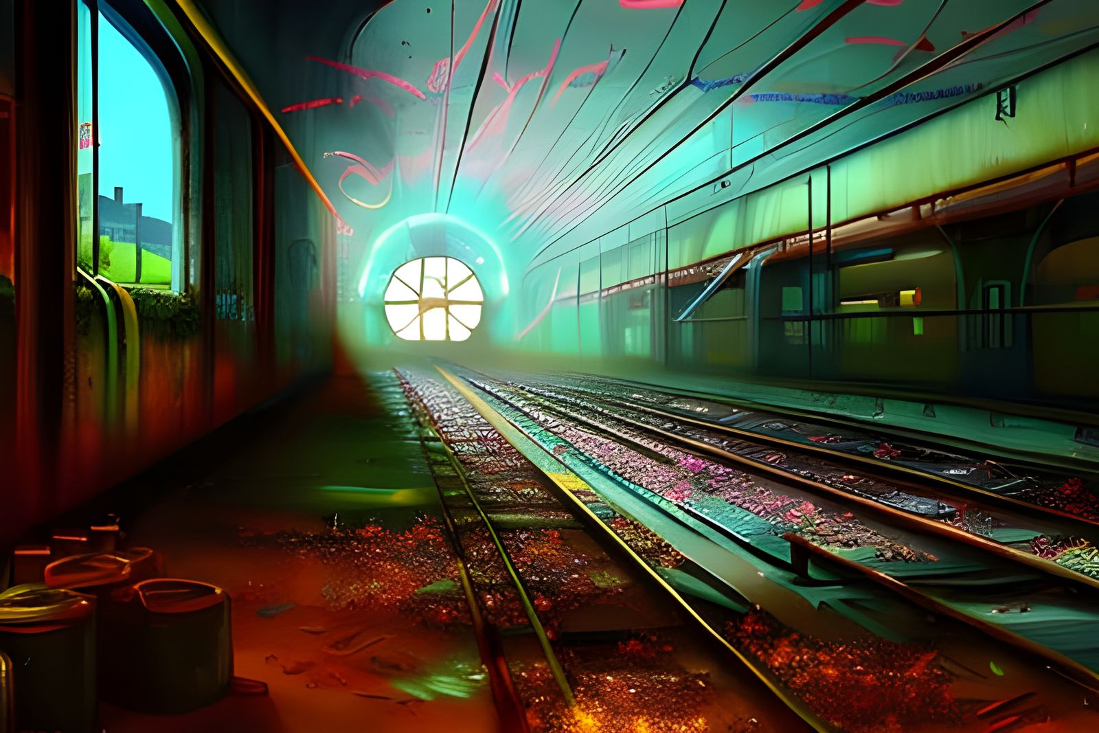 Neon Graffiti Lights Abandoned Train Station